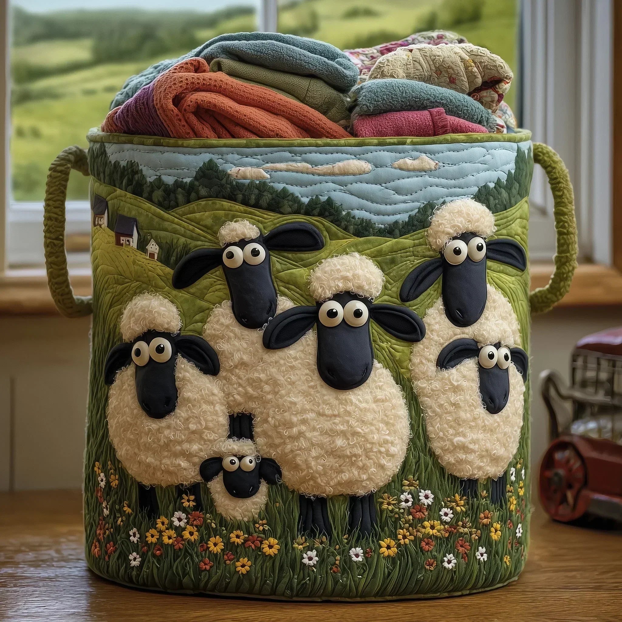 Panier de Rangement Matelassé Coton Écru 46 × 38 cm – Grande Capacité, Poignées Renforcées, Motif Appliqué