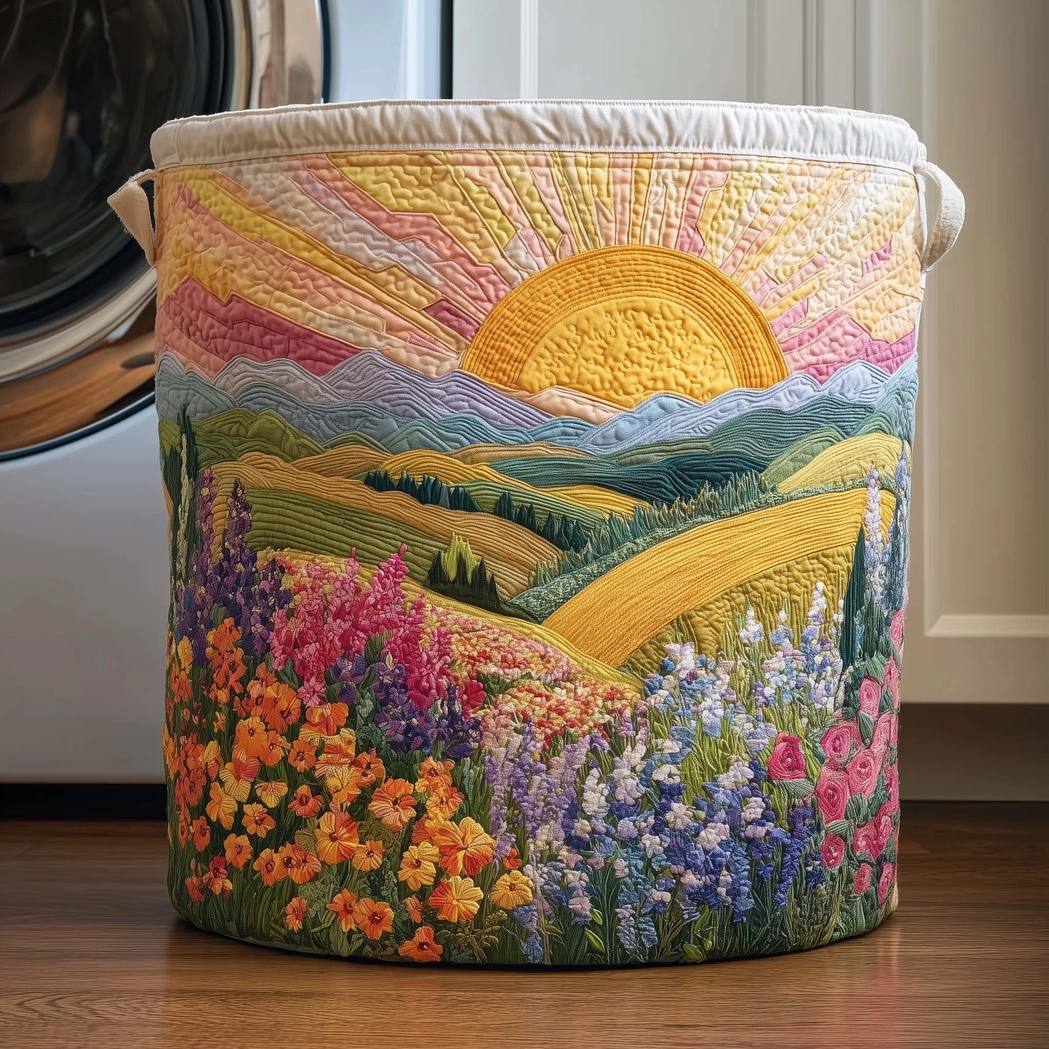 Panier de Rangement Matelassé Coton Écru 46 × 38 cm – Grande Capacité, Poignées Renforcées, Motif Appliqué