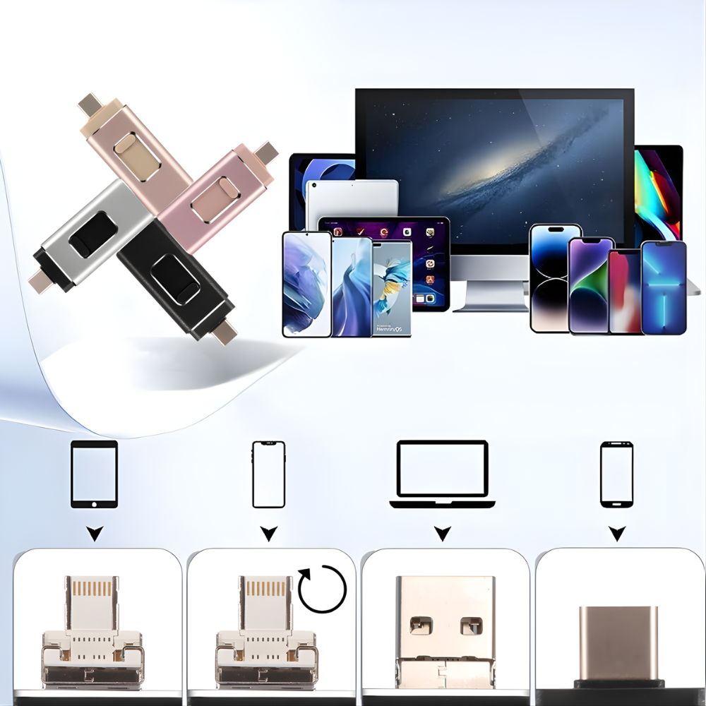 Clé USB 4-en-1 128GB multiport USB, USB-C, Lightning, Micro USB pour iPhone, Android, PC