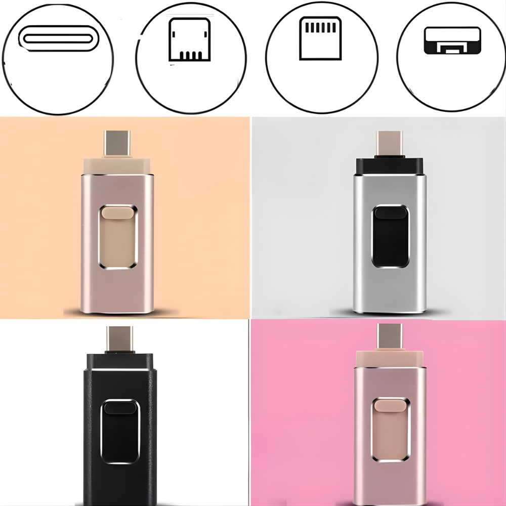 Clé USB 4-en-1 128GB multiport USB, USB-C, Lightning, Micro USB pour iPhone, Android, PC