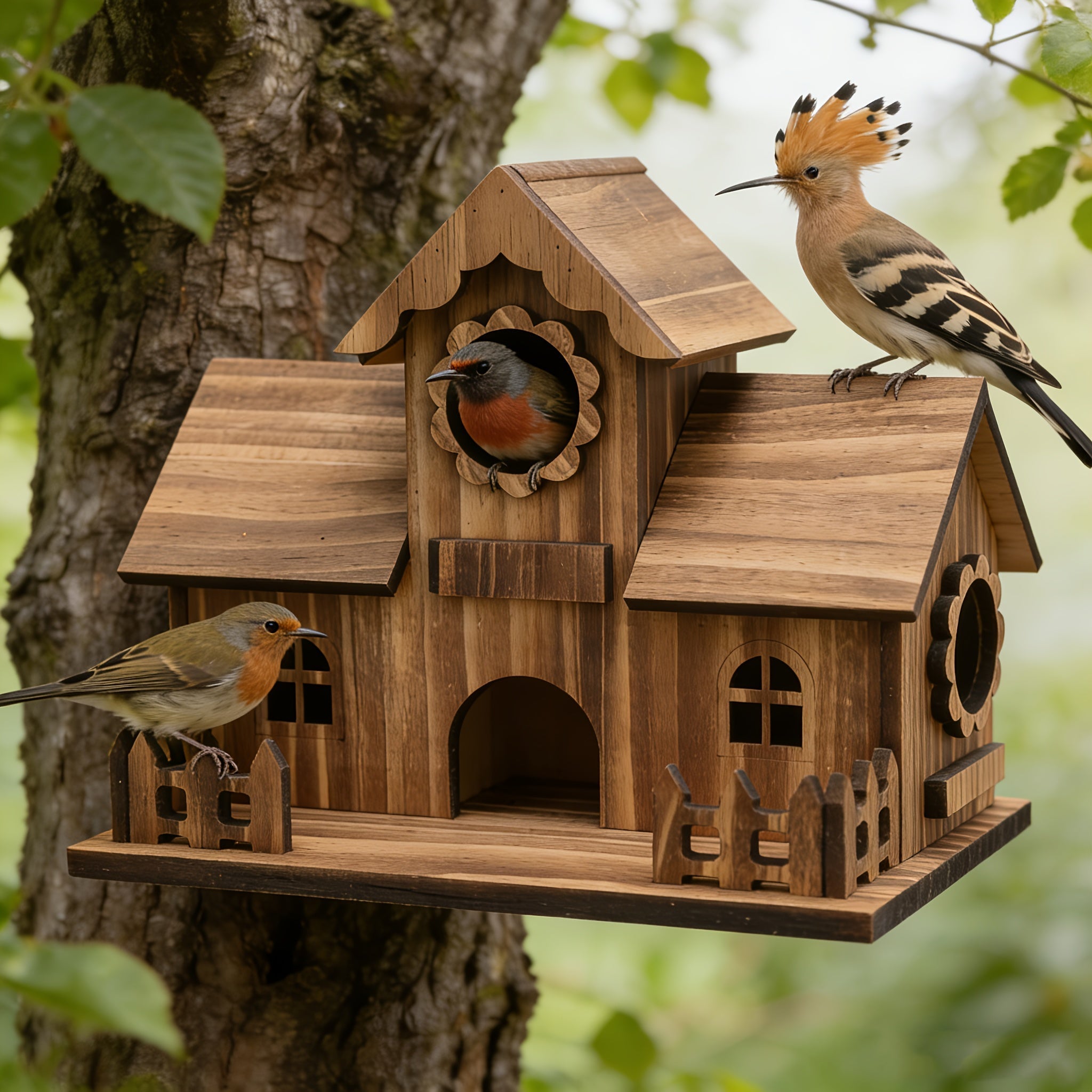 Nichoir à oiseaux | Bois de chêne massif, Entrées multiples 5