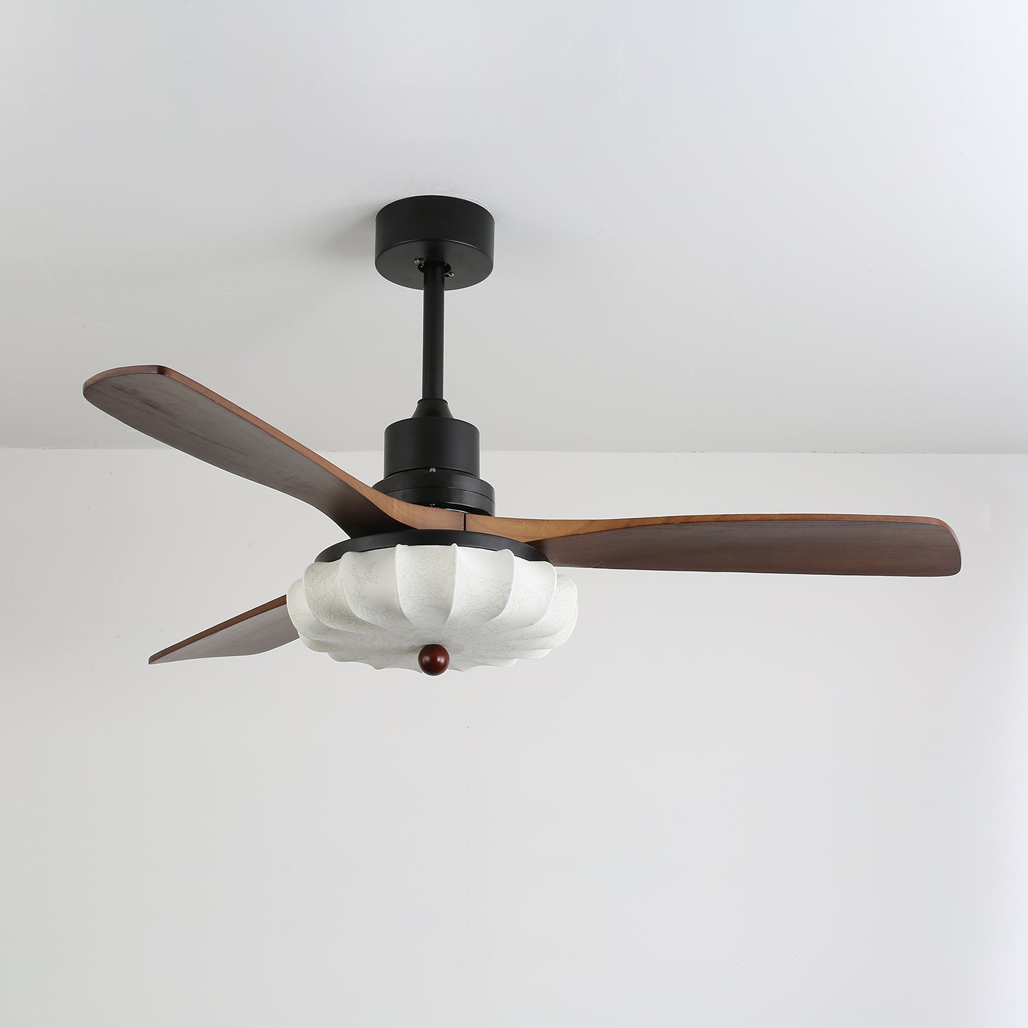 Plafonnier LED | Abat-jour en tissu Lotus, Pales en bois de noyer 0