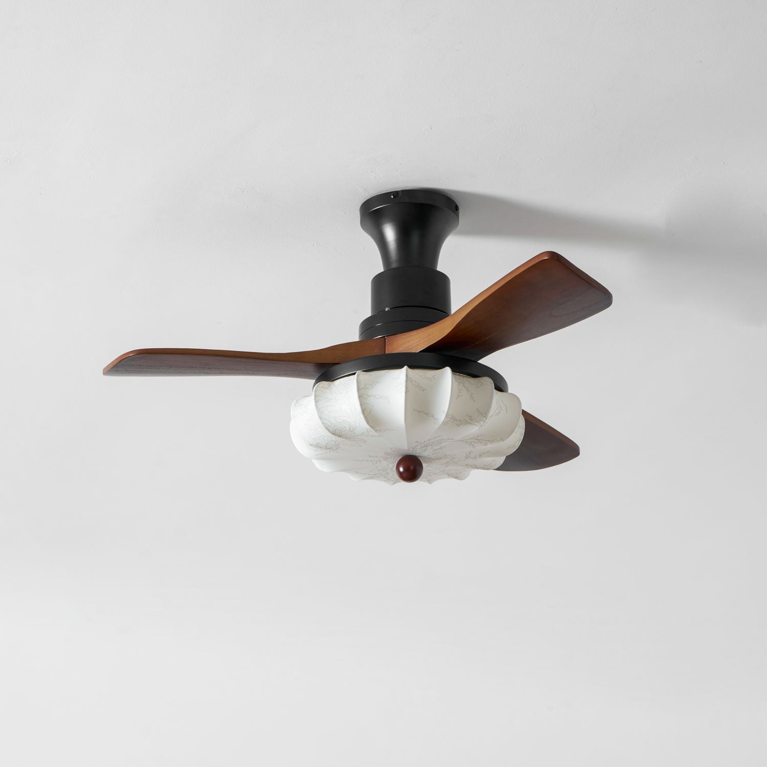 Plafonnier LED | Abat-jour en tissu Lotus, Pales en bois de noyer 10