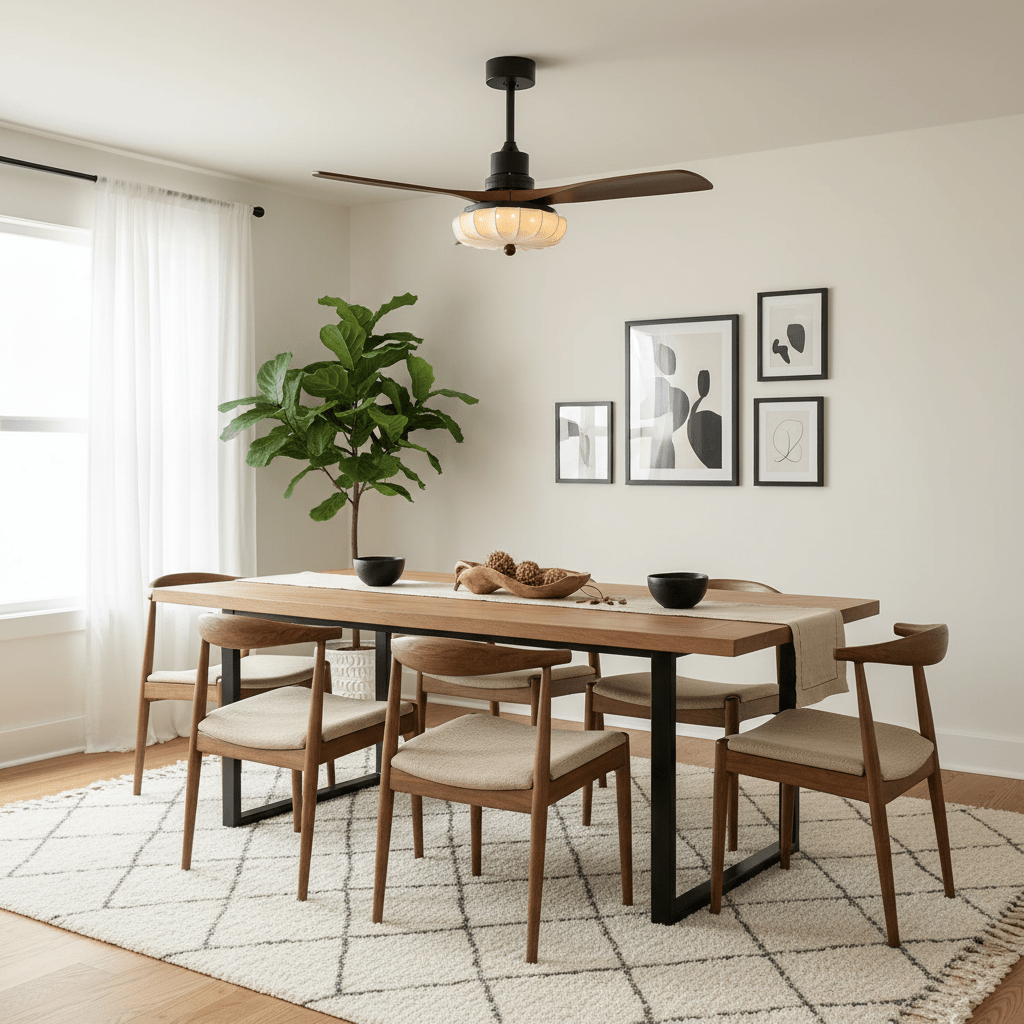 Plafonnier LED | Abat-jour en tissu Lotus, Pales en bois de noyer 8