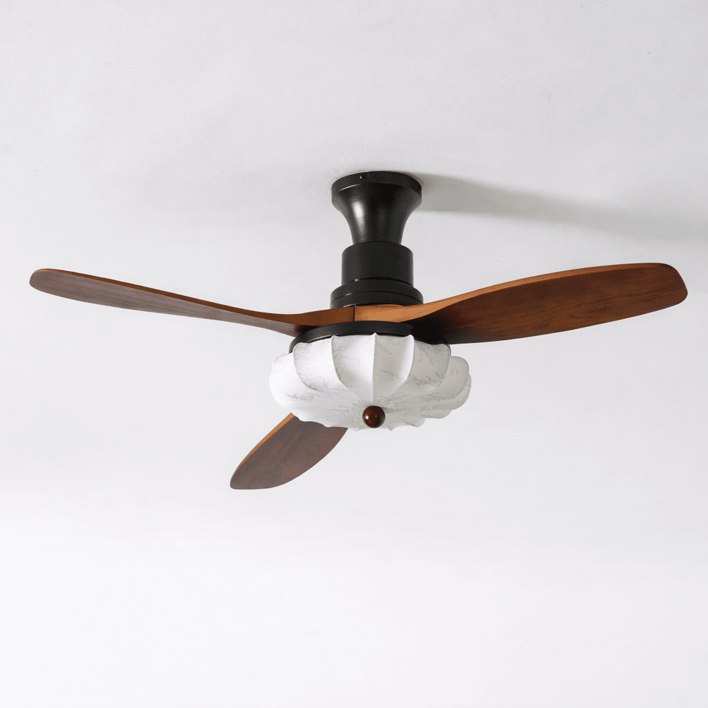 Plafonnier LED | Abat-jour en tissu Lotus, Pales en bois de noyer 9