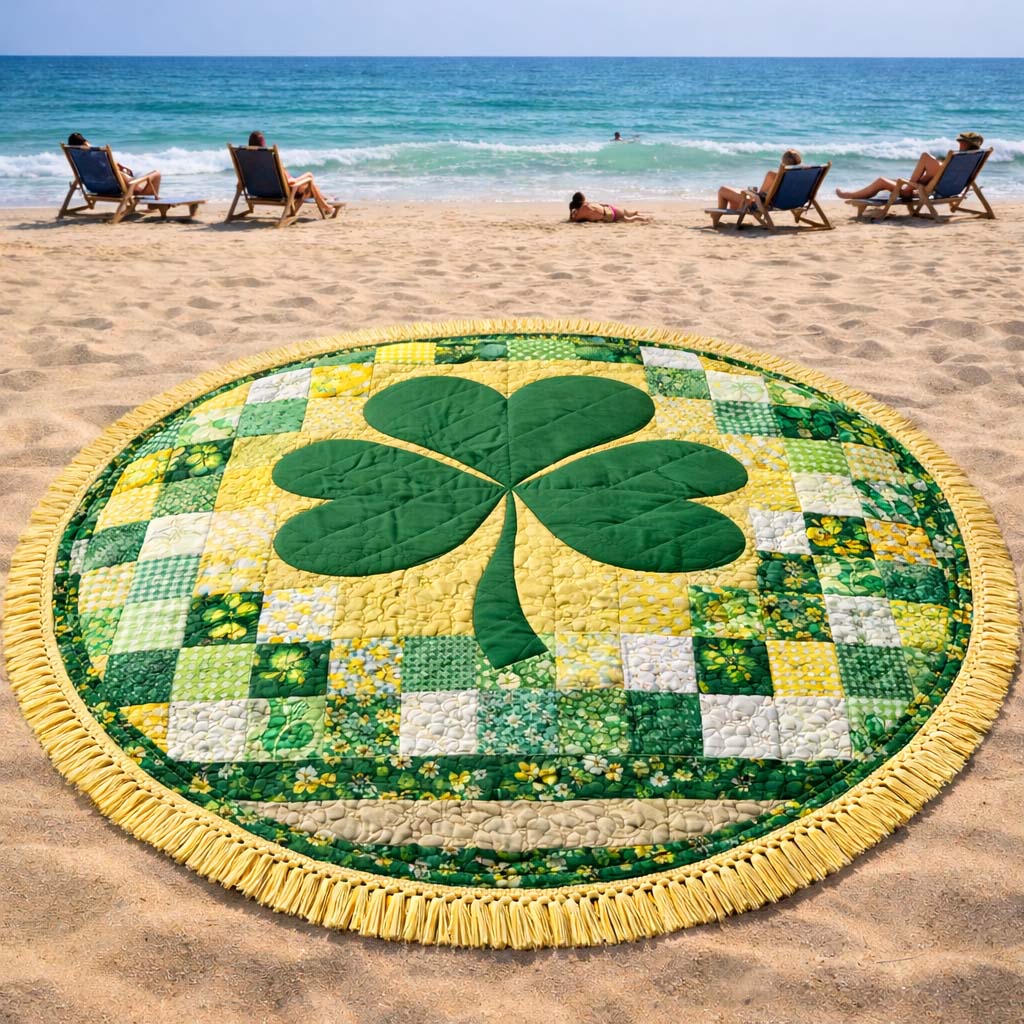 Serviette de plage ronde | Motif trèfle, tissu éponge absorbant 0