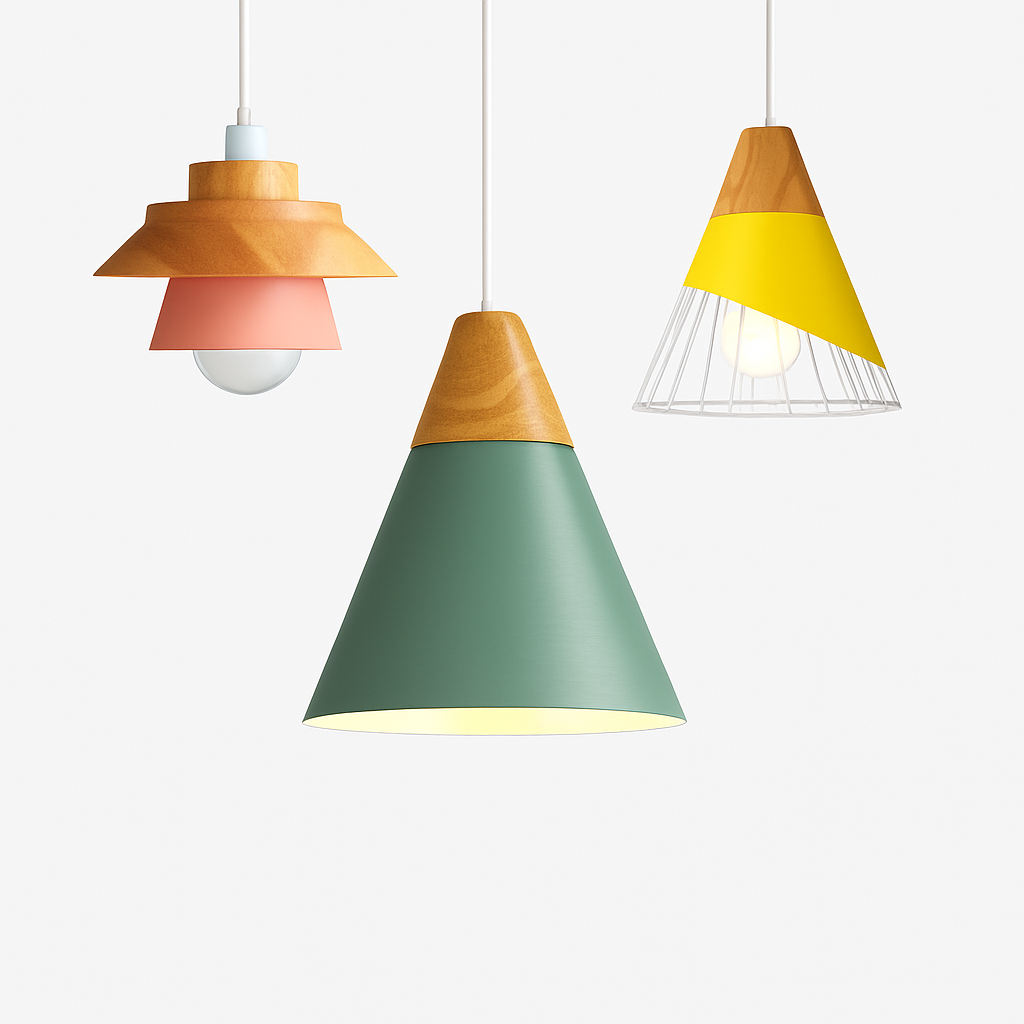 Suspension | Métal Coloré, Bois Clair, Formes Variées 1