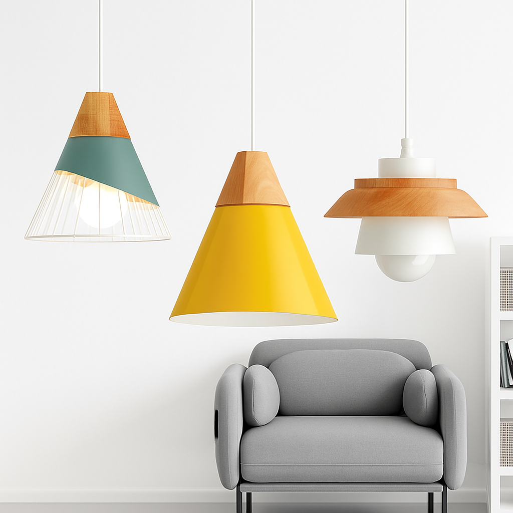 Suspension | Métal Coloré, Bois Clair, Formes Variées 2