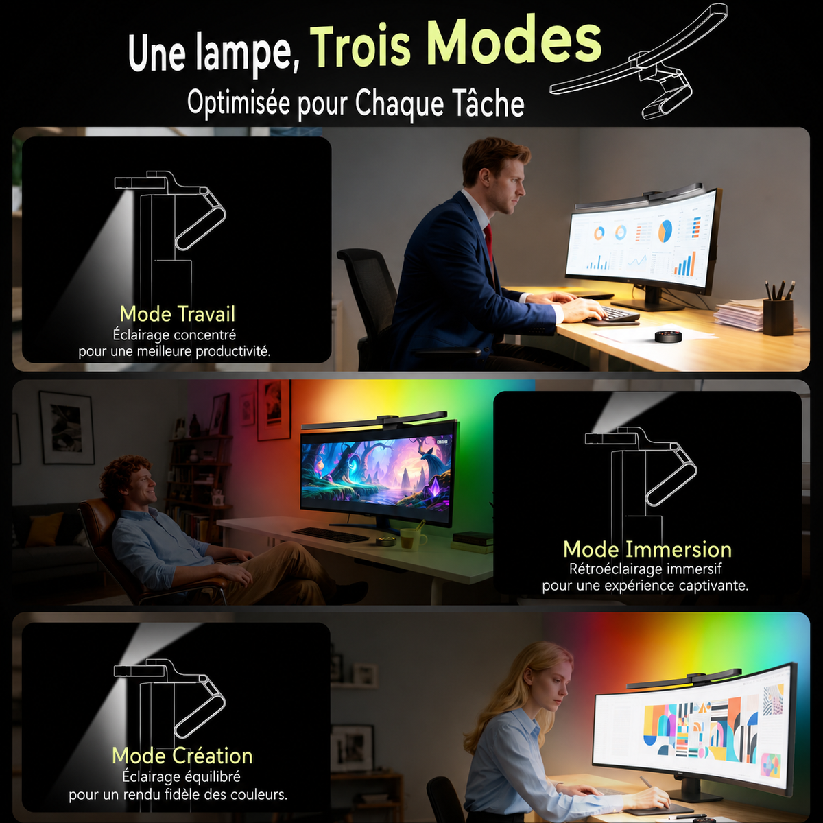 Barre Lumineuse pour Moniteur | Double Tête Pliable, 15 Modes RVB
