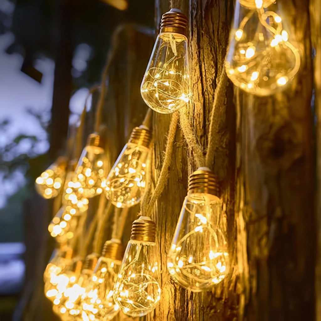 Guirlande Lumineuse Solaire Métal Jaune Ø7,5 m – 8 Modes, Extérieure, Ampoules Décoratives