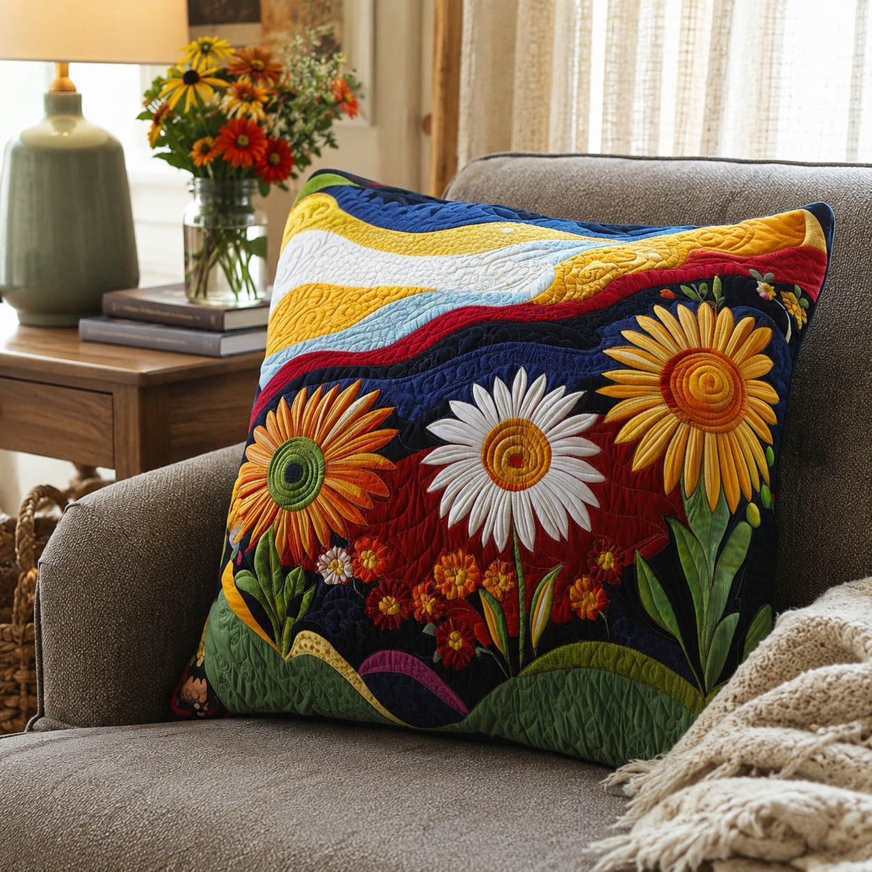 Taie d'Oreiller Matelassée Coton-Polyester Blanche 56 × 56 cm – Fermeture Enveloppe, Lavable, Motif Tournesol