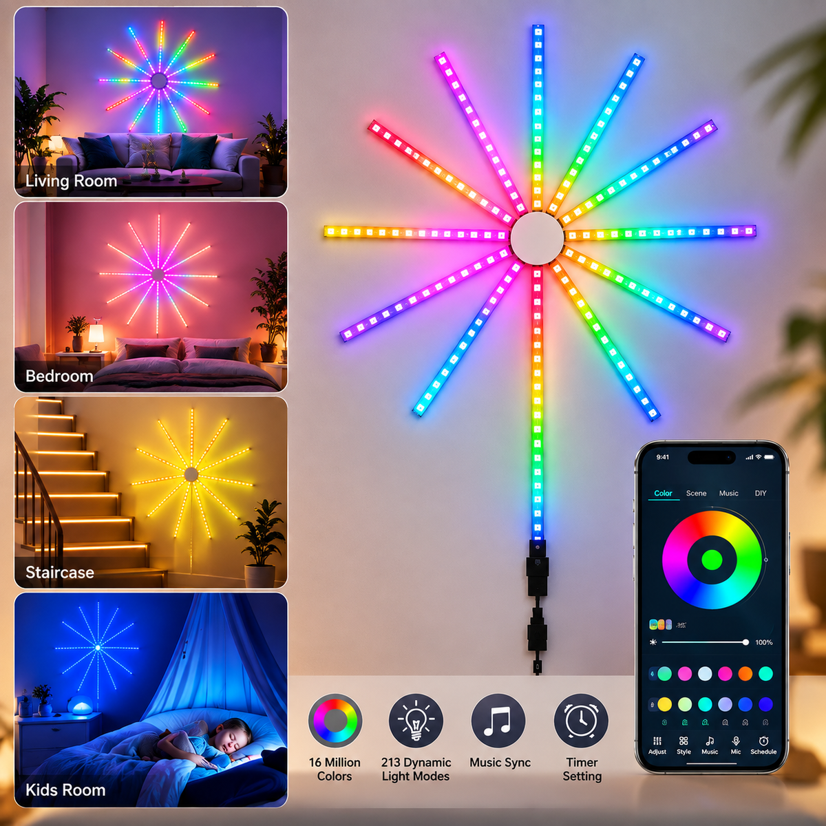 Lampe LED Feu d'Artifice Connectée | Contrôle par Application & Synchronisation Musicale