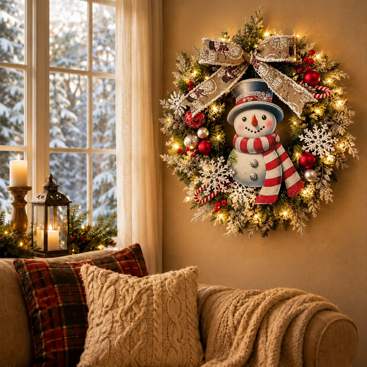 Couronne de Noël Lumineuse avec Bonhomme de Neige pour Porte et Intérieur