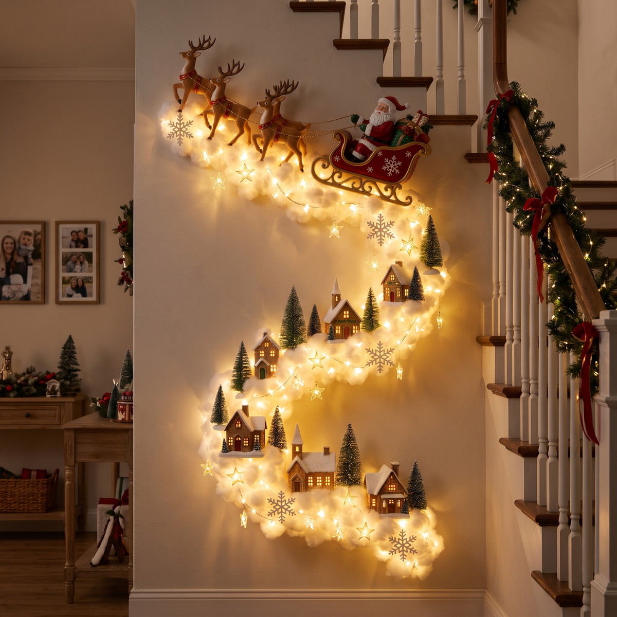 Applique murale LED 3D de Noël avec traîneau du Père Noël et traînée lumineuse