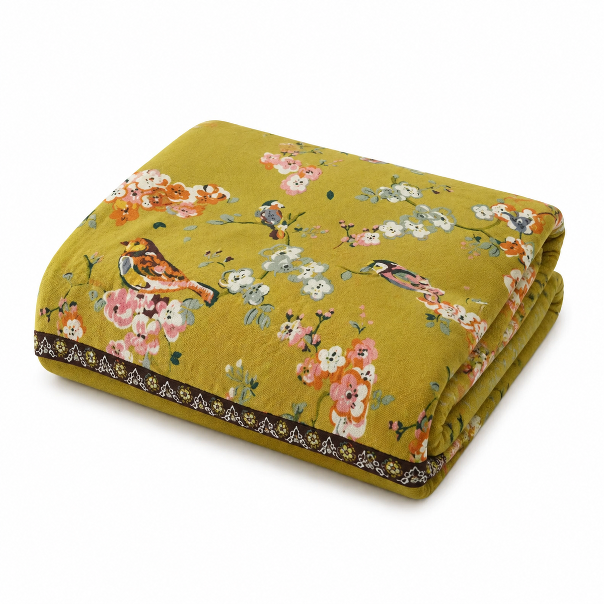Couverture en Coton Motif Floral avec Oiseaux