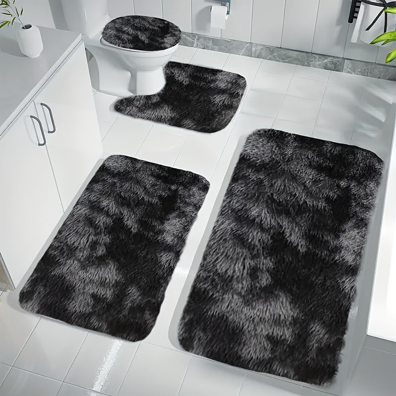 Ensemble Tapis Salle de Bain Fluffy Polyester Gris 4 pièces – Absorbant, Antidérapant, Lavable