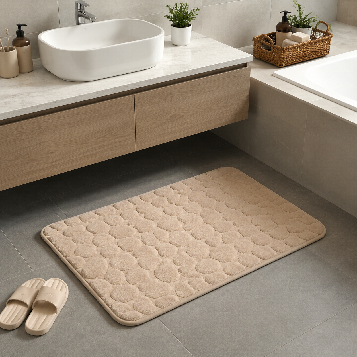 Tapis de Bain Velours Corail Polyester Beige 60x90 cm – Absorbant, Base PVC, Lavable