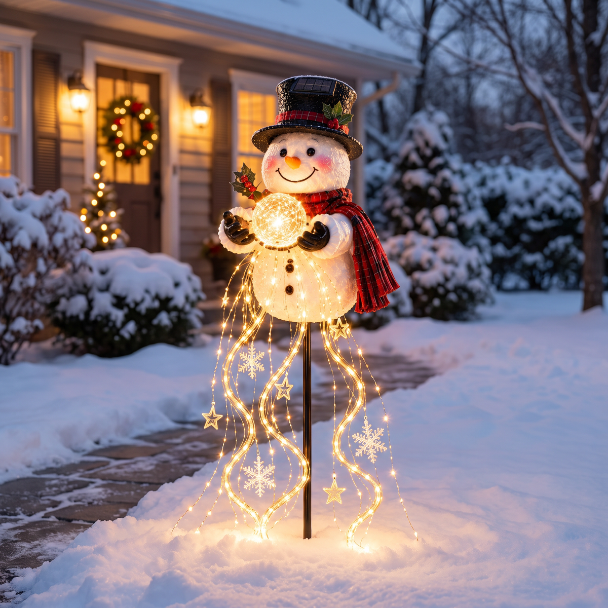 Bonhomme de neige solaire lumineux 90 cm avec fils LED, lampe de jardin et déco de Noël extérieure