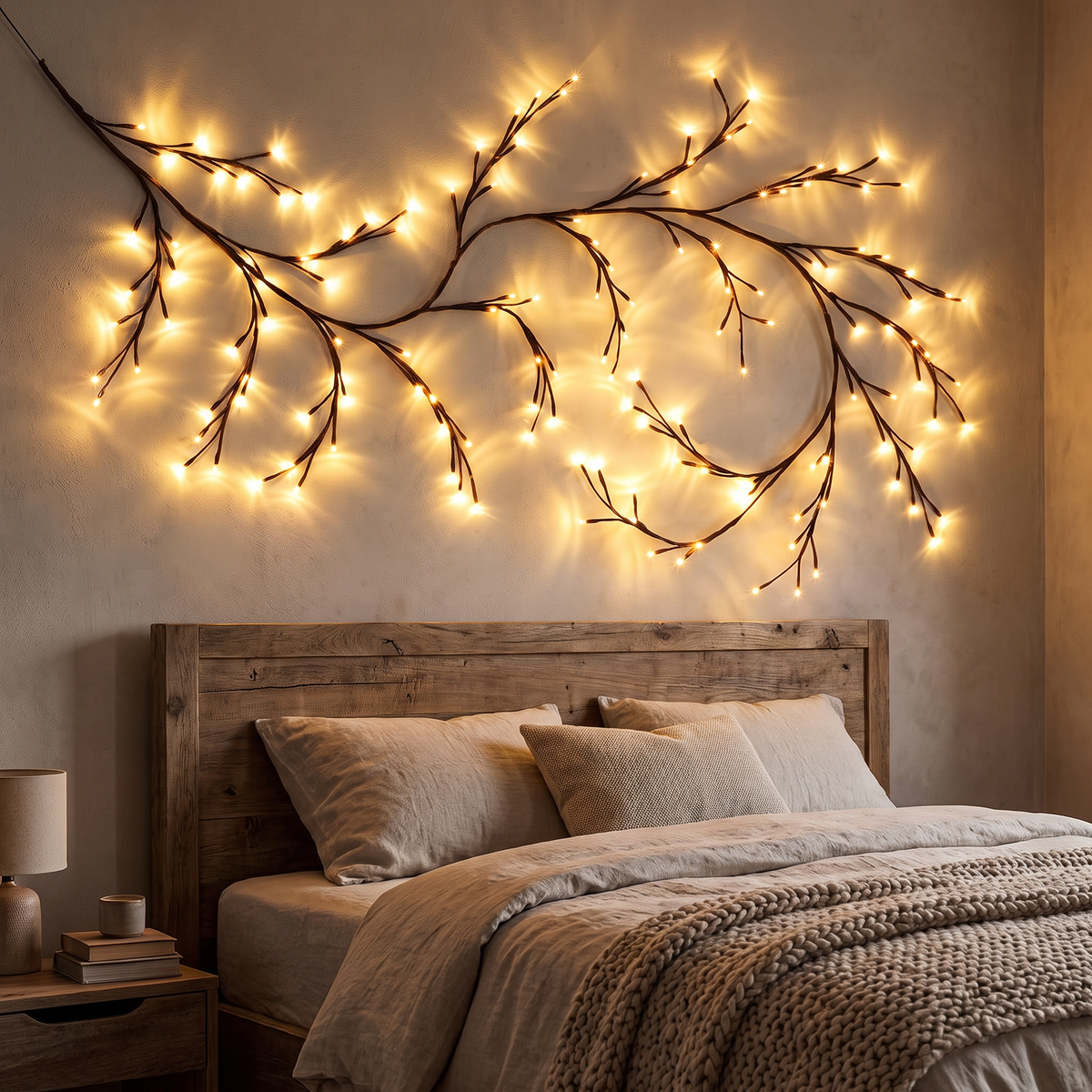 Branche lumineuse LED en saule 2,3 m, 144 LED blanc chaud, décoration murale flexible