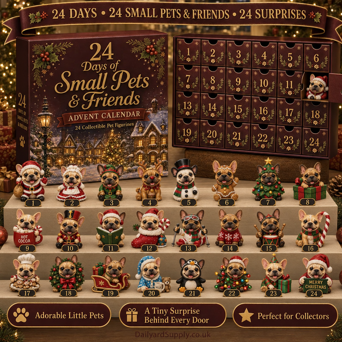 Calendrier de l'Avent chien bouledogue français, 24 décorations 2D