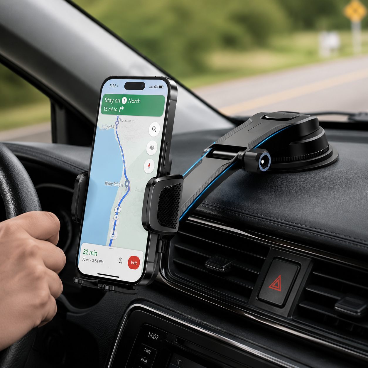 Support Téléphone Voiture Ajustable ABS Noir 15 cm – Tableau de Bord, Rotation 360°, Usage Universel