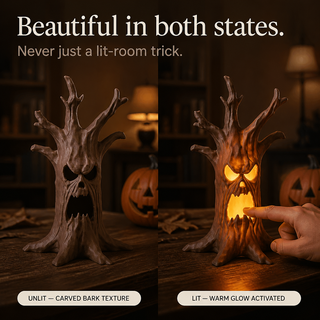 Hollowyn – Tronc d'arbre avec visage sculpté lumineux