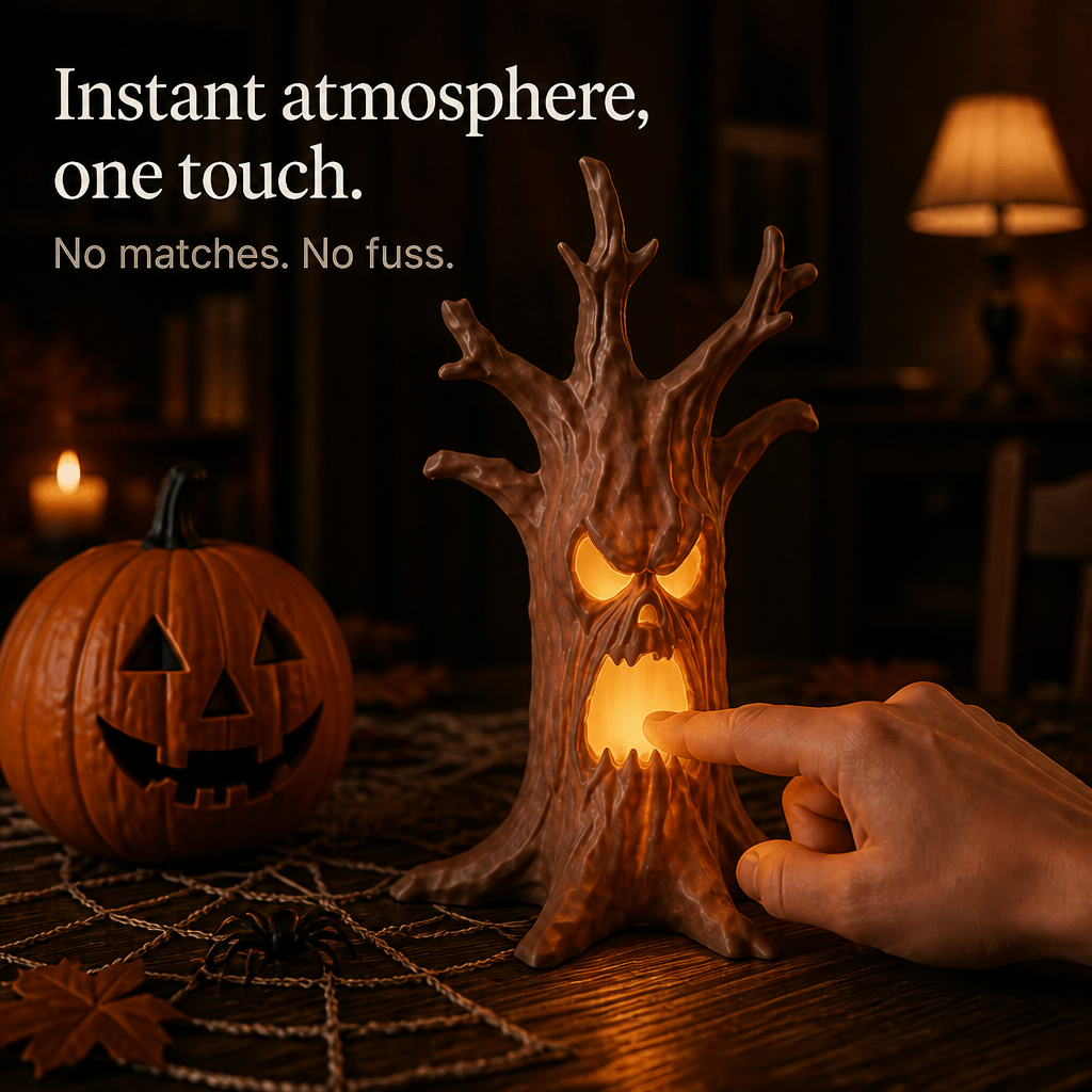 Hollowyn – Tronc d'arbre avec visage sculpté lumineux