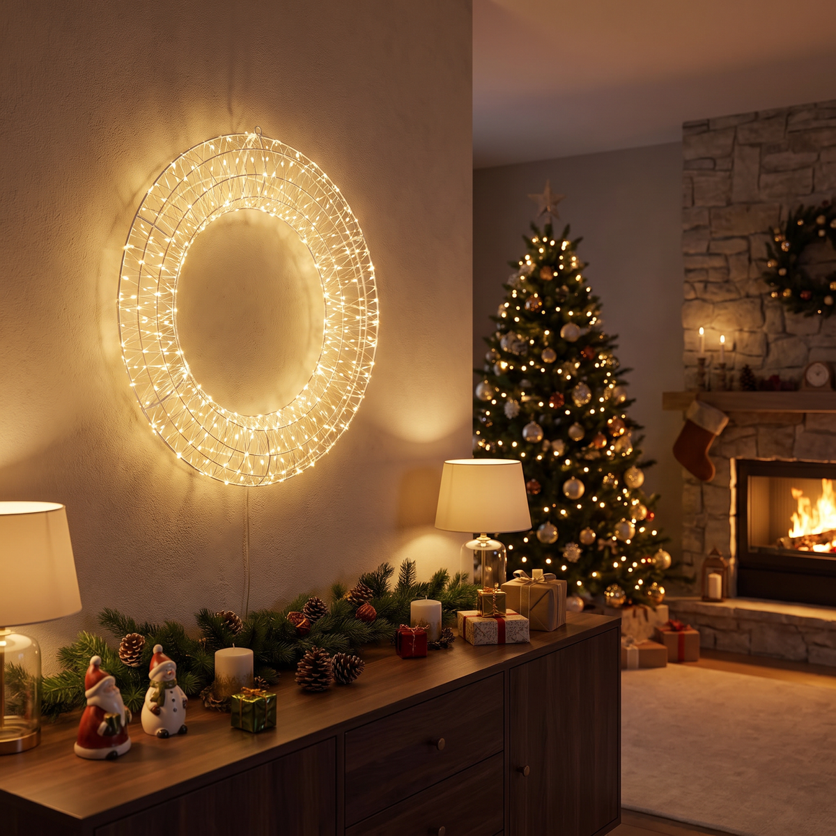 Couronne lumineuse LED Ø45 cm, 720 LED blanc chaud, couronne en métal avec minuterie pour fenêtre et porte