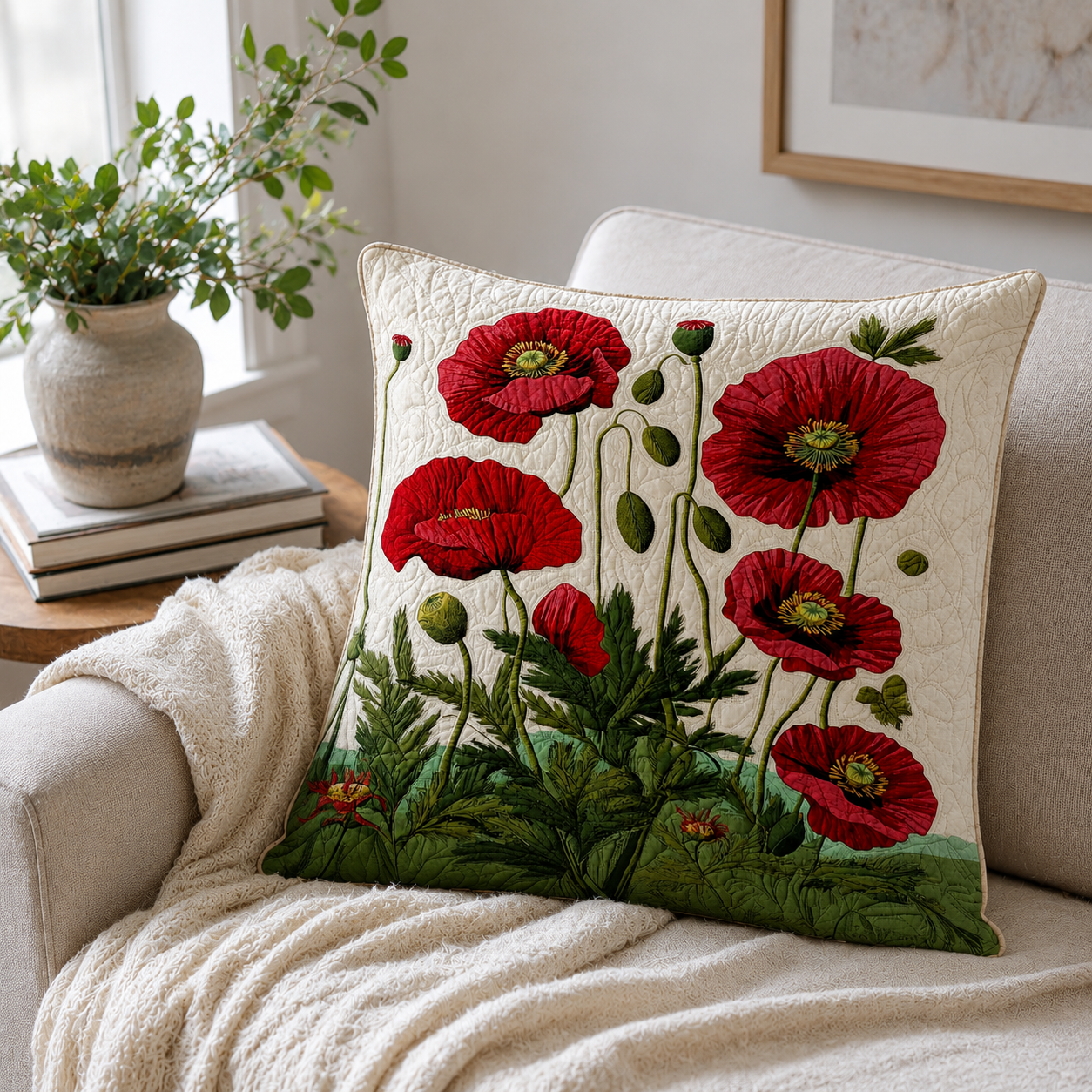 Taie d'Oreiller Florale Coton-Polyester Blanc 56 × 56 cm – Coquelicots Rouges, Fermeture Enveloppe, Lavable