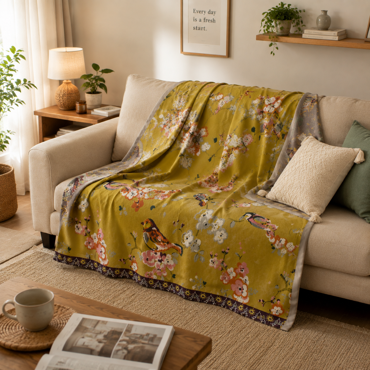 Couverture en Coton Motif Floral avec Oiseaux