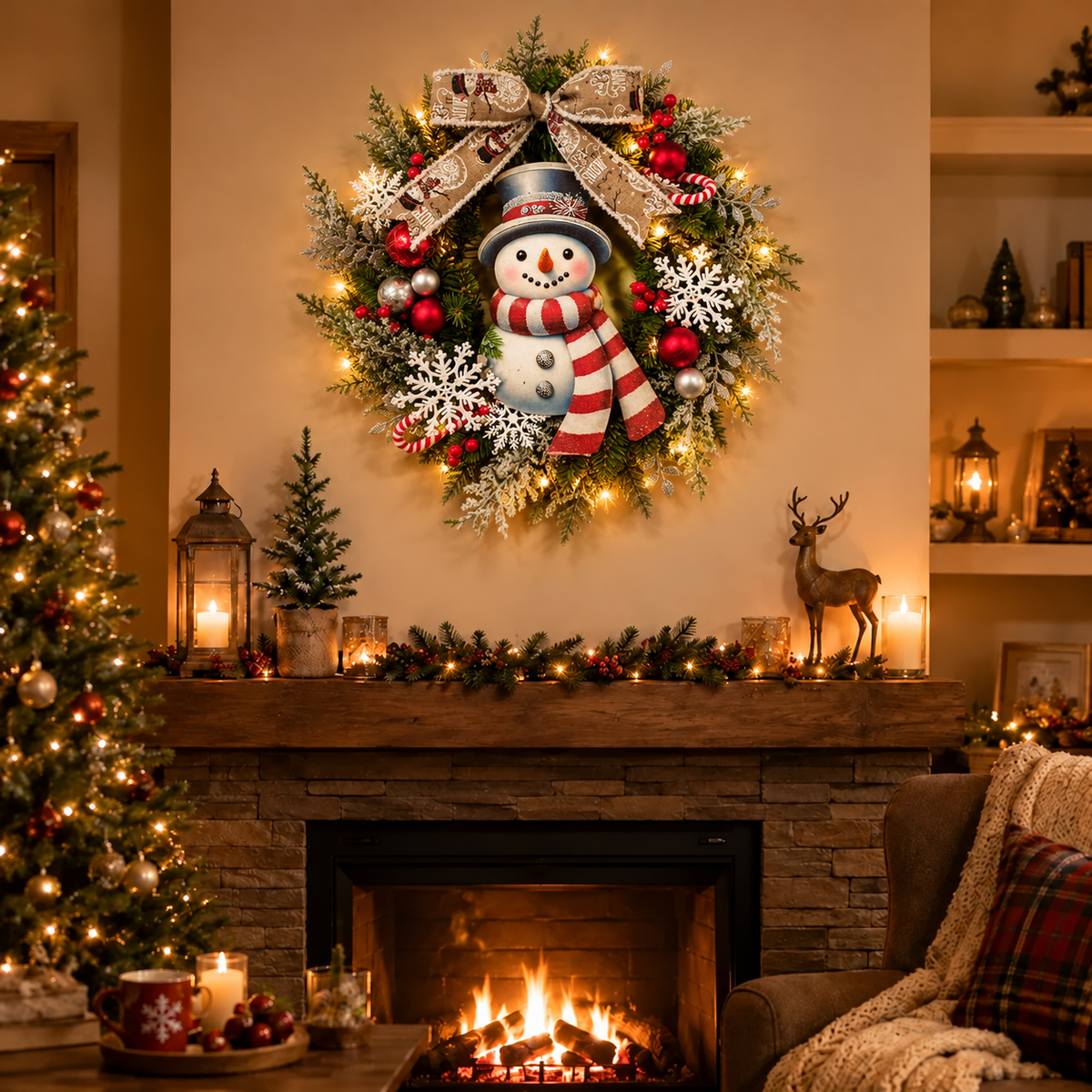 Couronne de Noël Lumineuse avec Bonhomme de Neige pour Porte et Intérieur