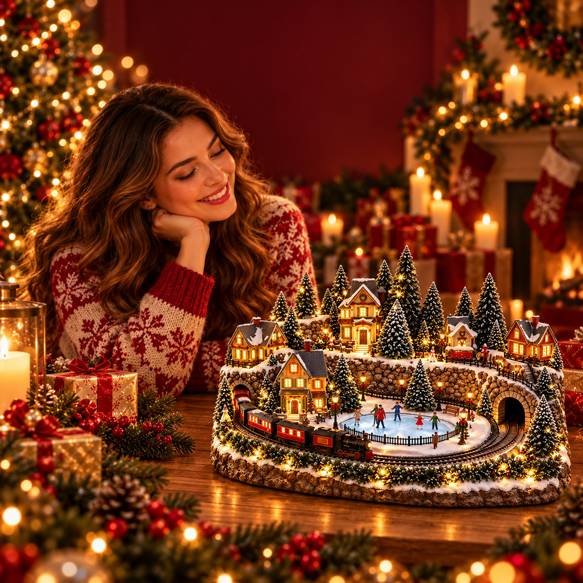 Village de Noël avec train animé et patinoire – Scène d’hiver lumineuse LED avec musique