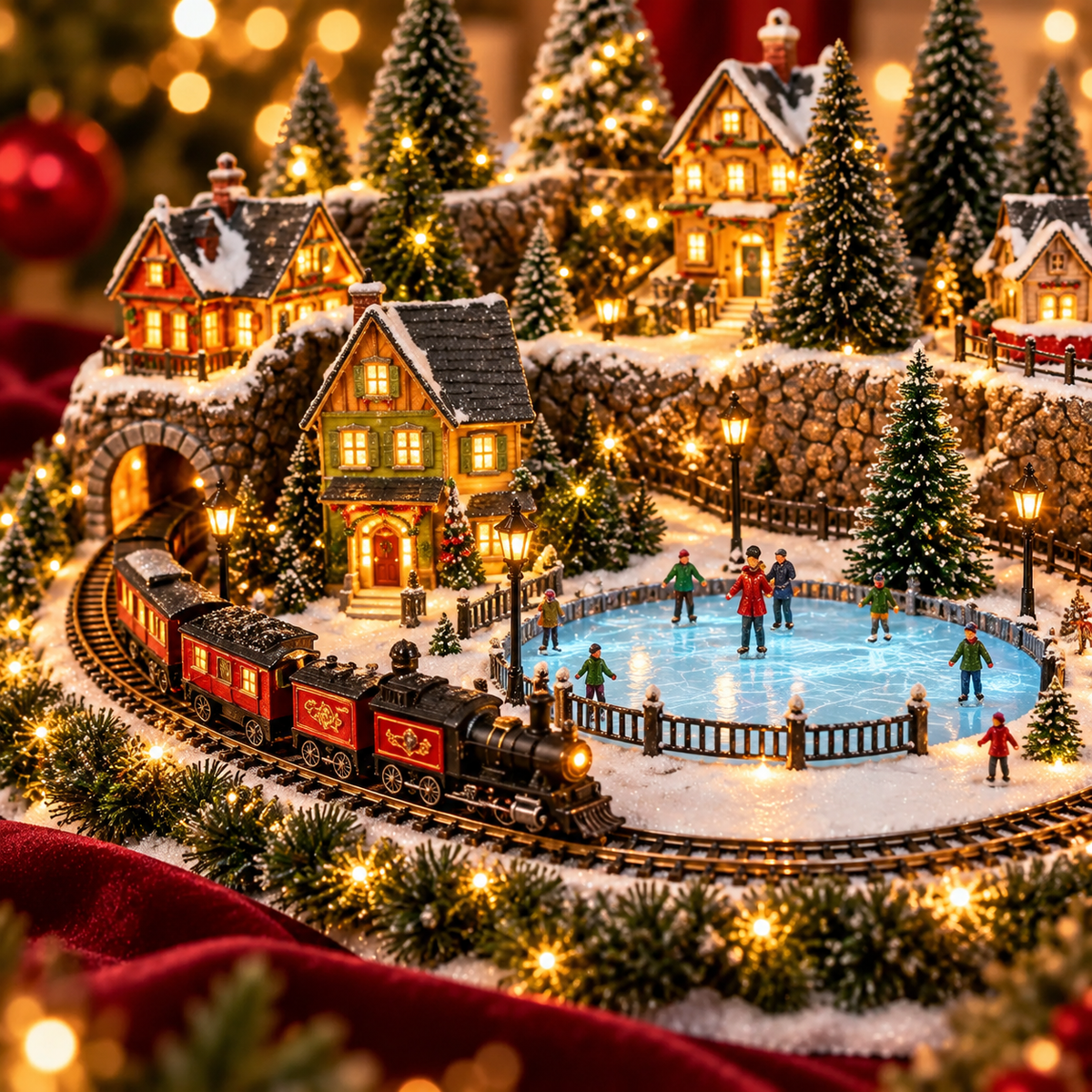 Village de Noël avec train animé et patinoire – Scène d’hiver lumineuse LED avec musique