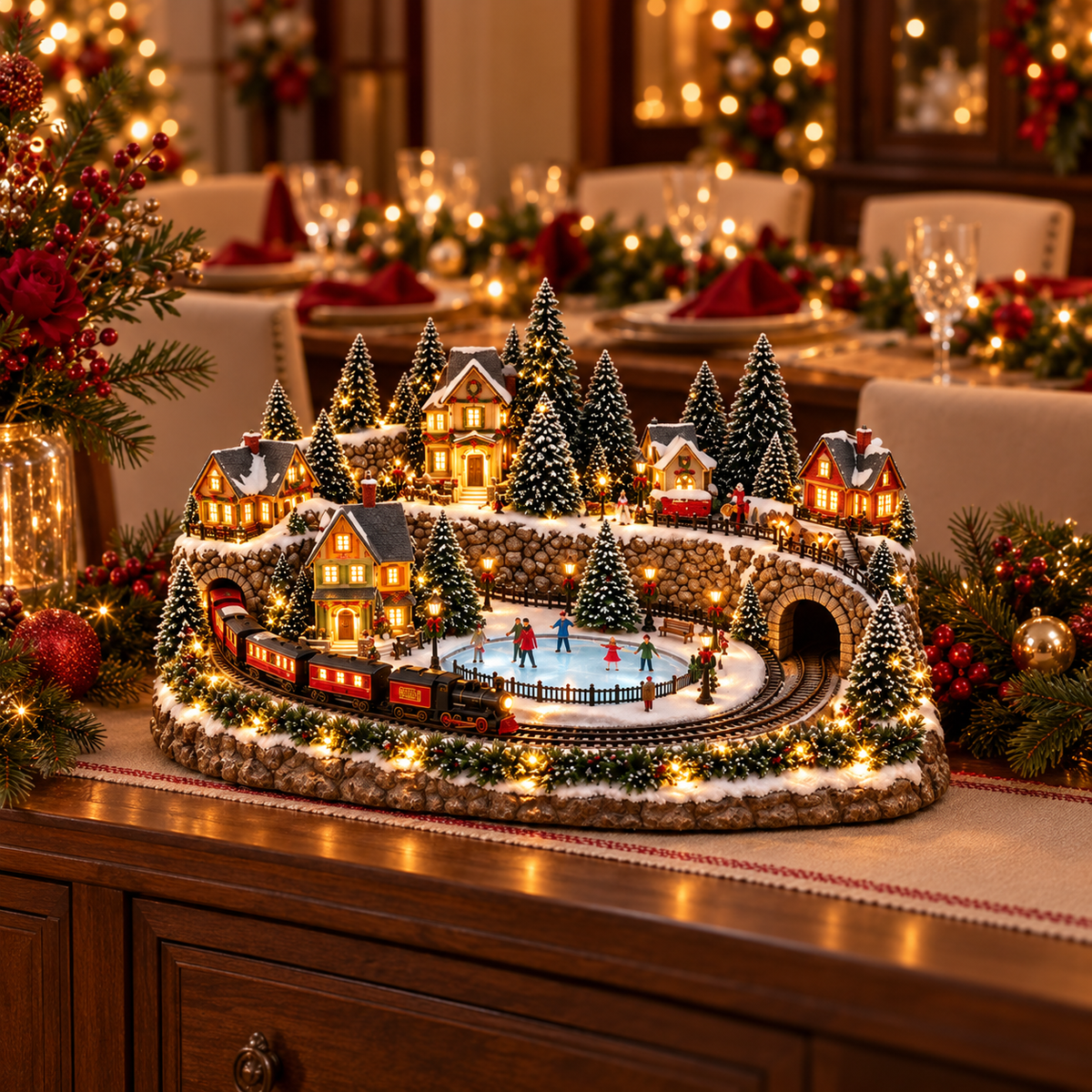 Village de Noël avec train animé et patinoire – Scène d’hiver lumineuse LED avec musique