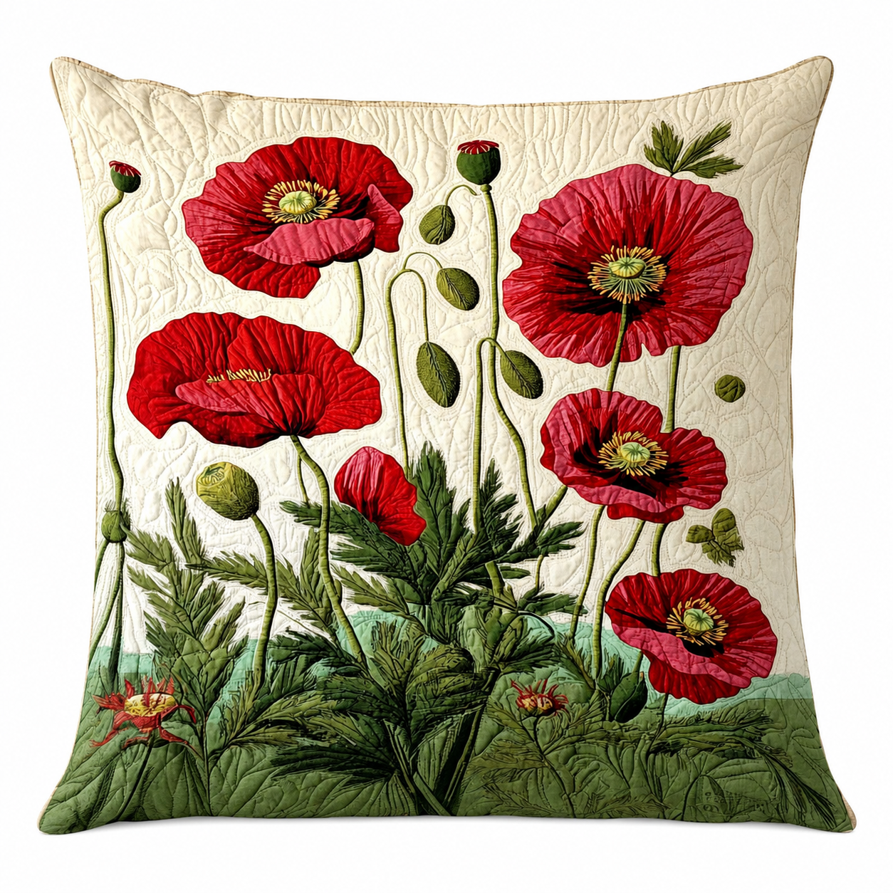 Taie d'Oreiller Florale Coton-Polyester Blanc 56 × 56 cm – Coquelicots Rouges, Fermeture Enveloppe, Lavable
