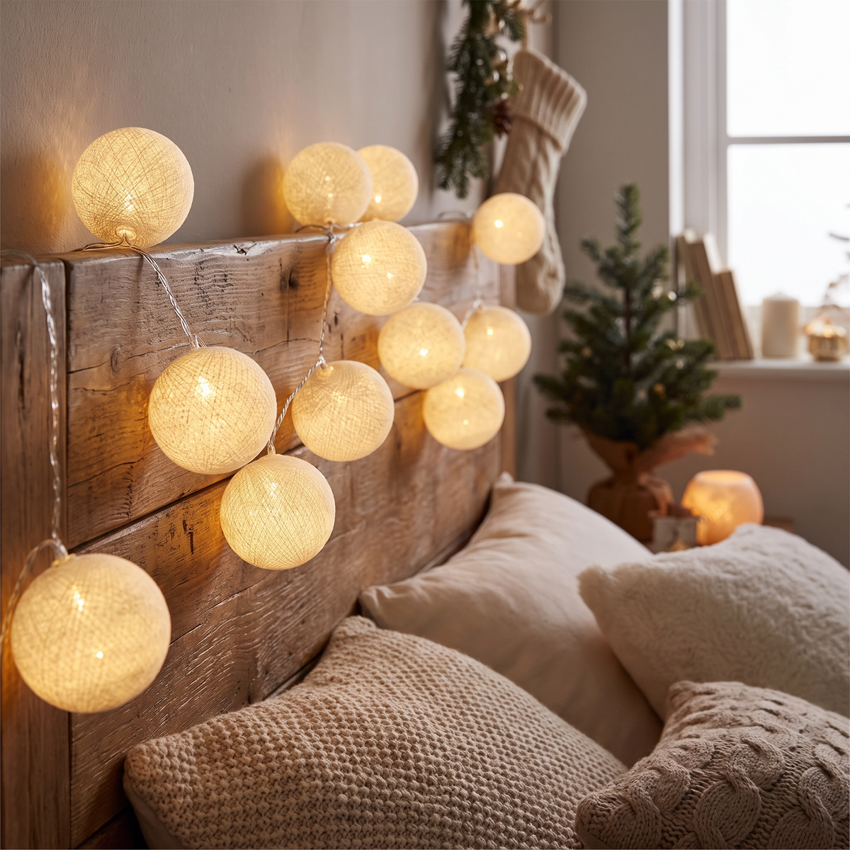 Guirlande lumineuse boules de coton USB, guirlande LED à boules en cinq couleurs