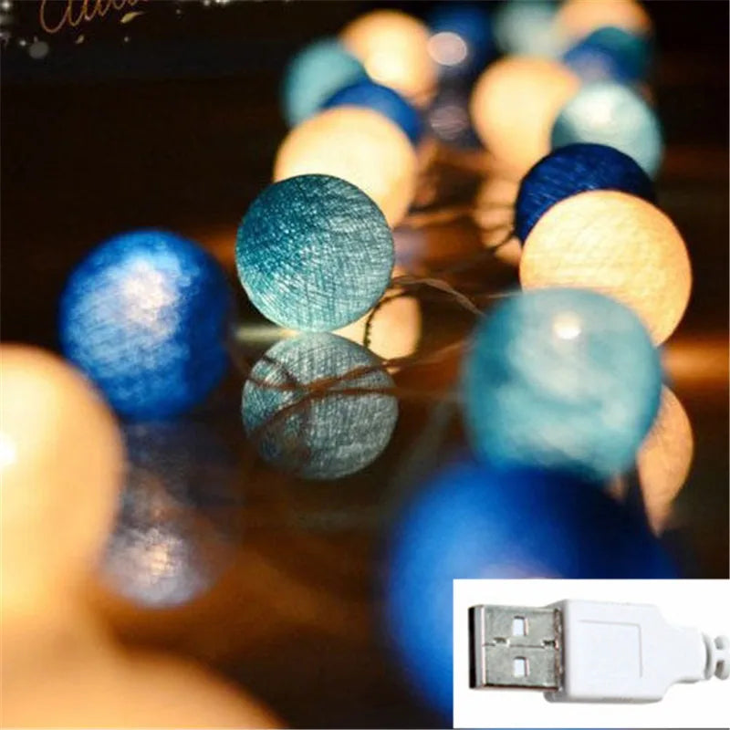 Guirlande lumineuse boules de coton USB, guirlande LED à boules en cinq couleurs