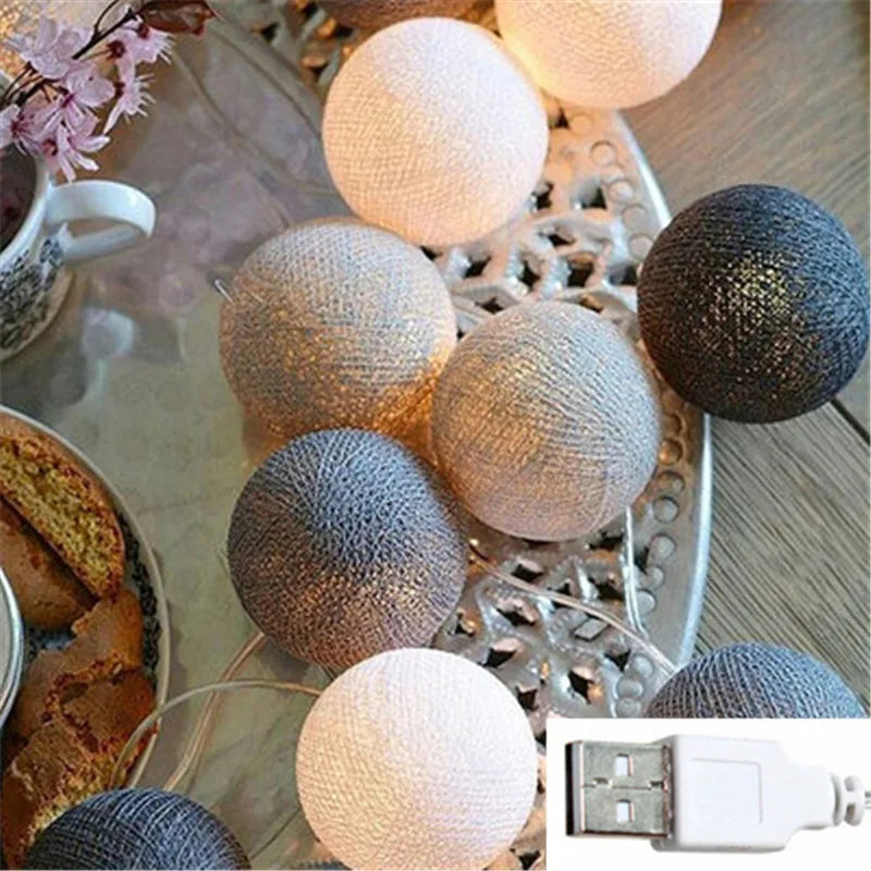 Guirlande lumineuse boules de coton USB, guirlande LED à boules en cinq couleurs