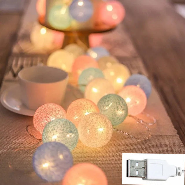 Guirlande lumineuse boules de coton USB, guirlande LED à boules en cinq couleurs