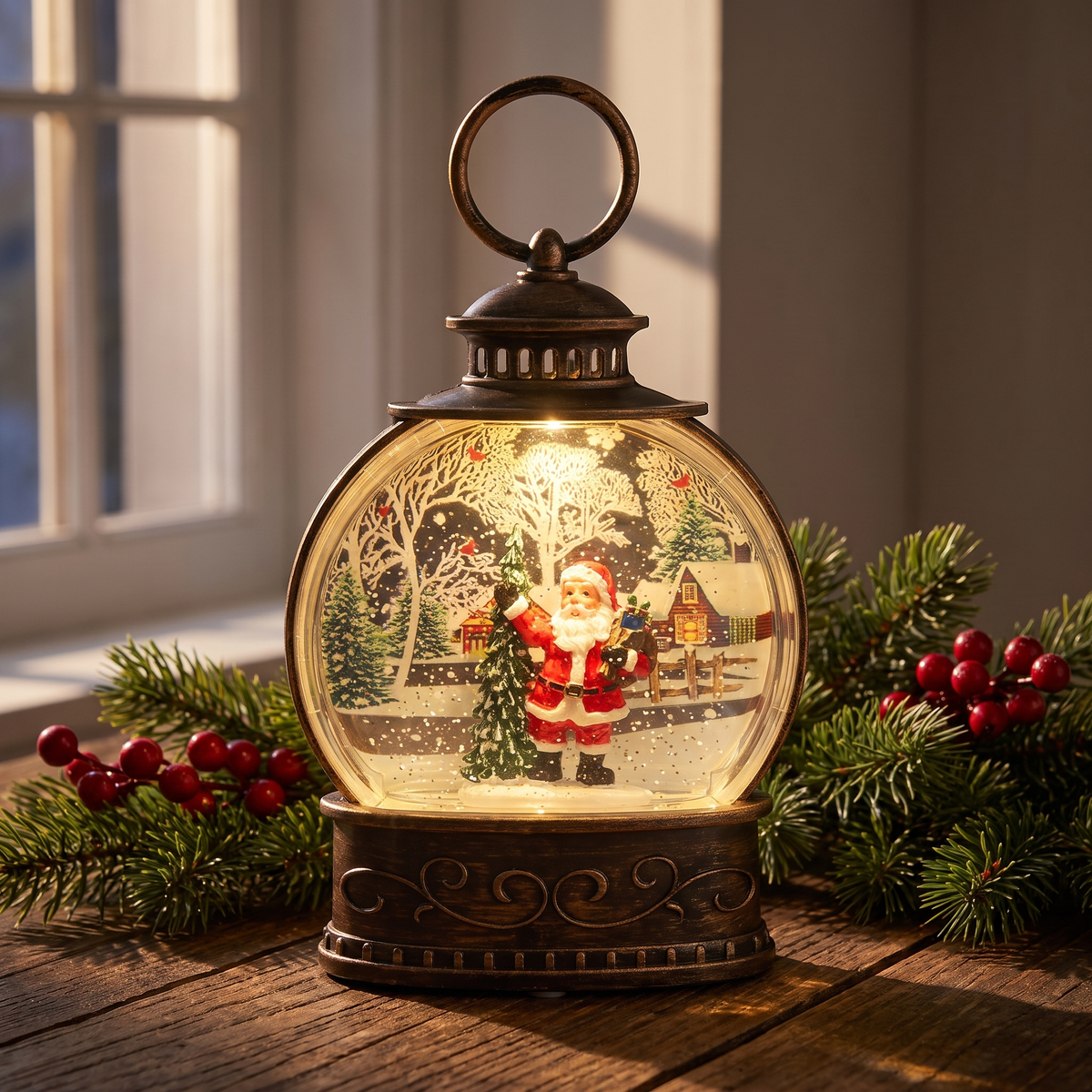 Lanterne boule à neige LED, lanterne de Noël rétro avec neige pailletée