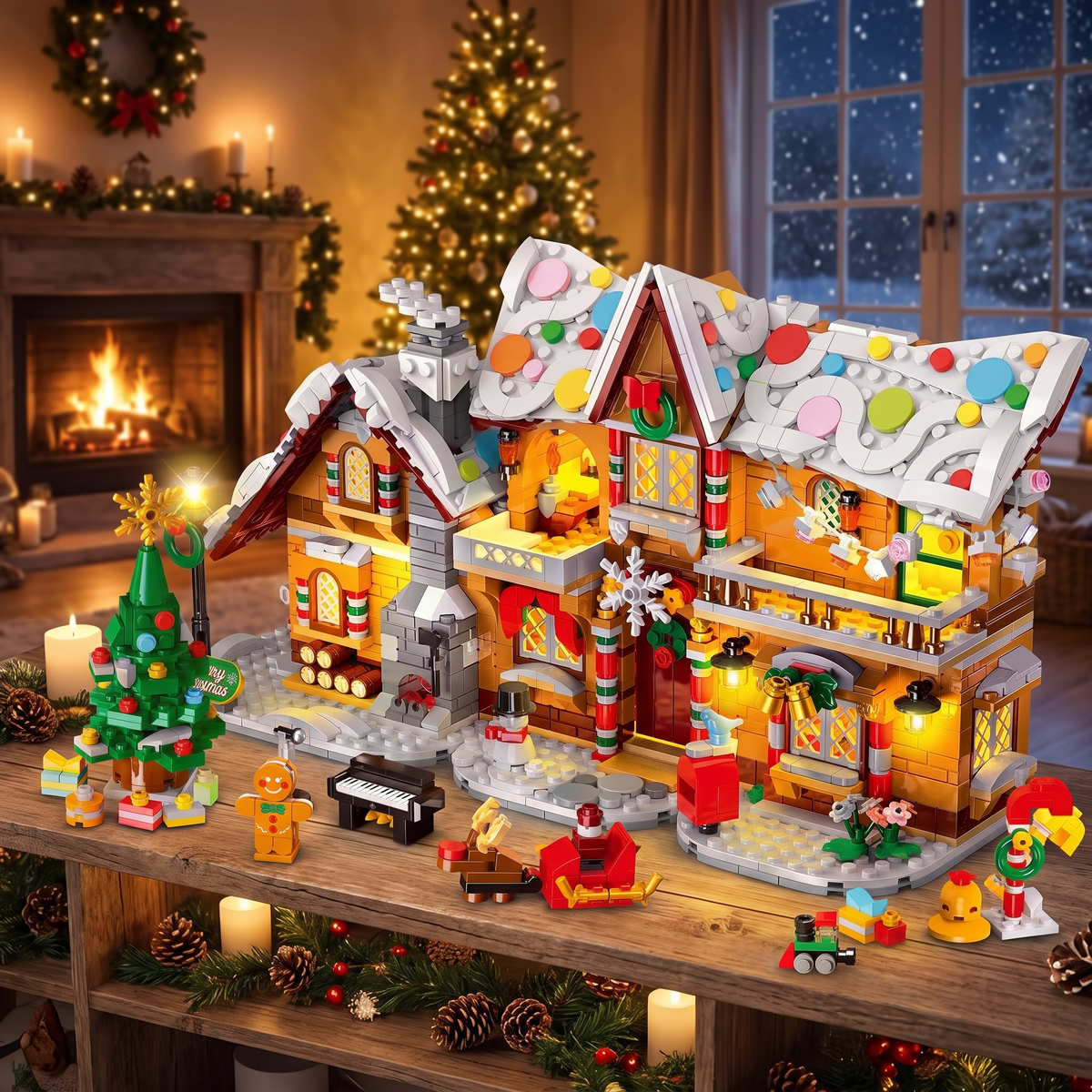 Maison en pain d'épices à construire avec lumière LED, village de Noël en briques 3 en 1, dès 8 ans