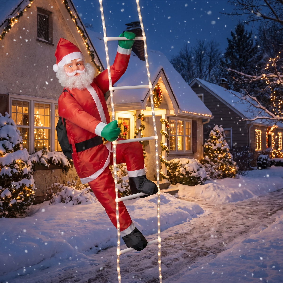 Père Noël sur échelle lumineuse 240 cm XXL avec 120 LED, minuteur et télécommande