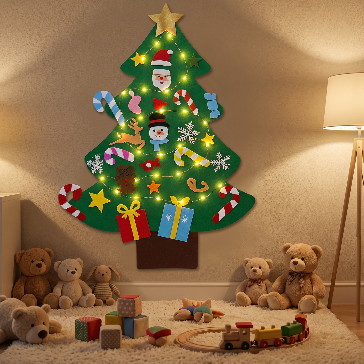Sapin de Noël en feutrine pour enfant 95 cm avec guirlande lumineuse et 26 ornements à scratch