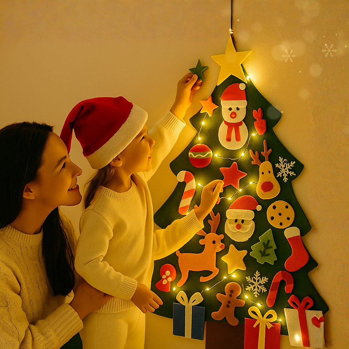 Sapin de Noël en feutrine pour enfant 95 cm avec guirlande lumineuse et 26 ornements à scratch