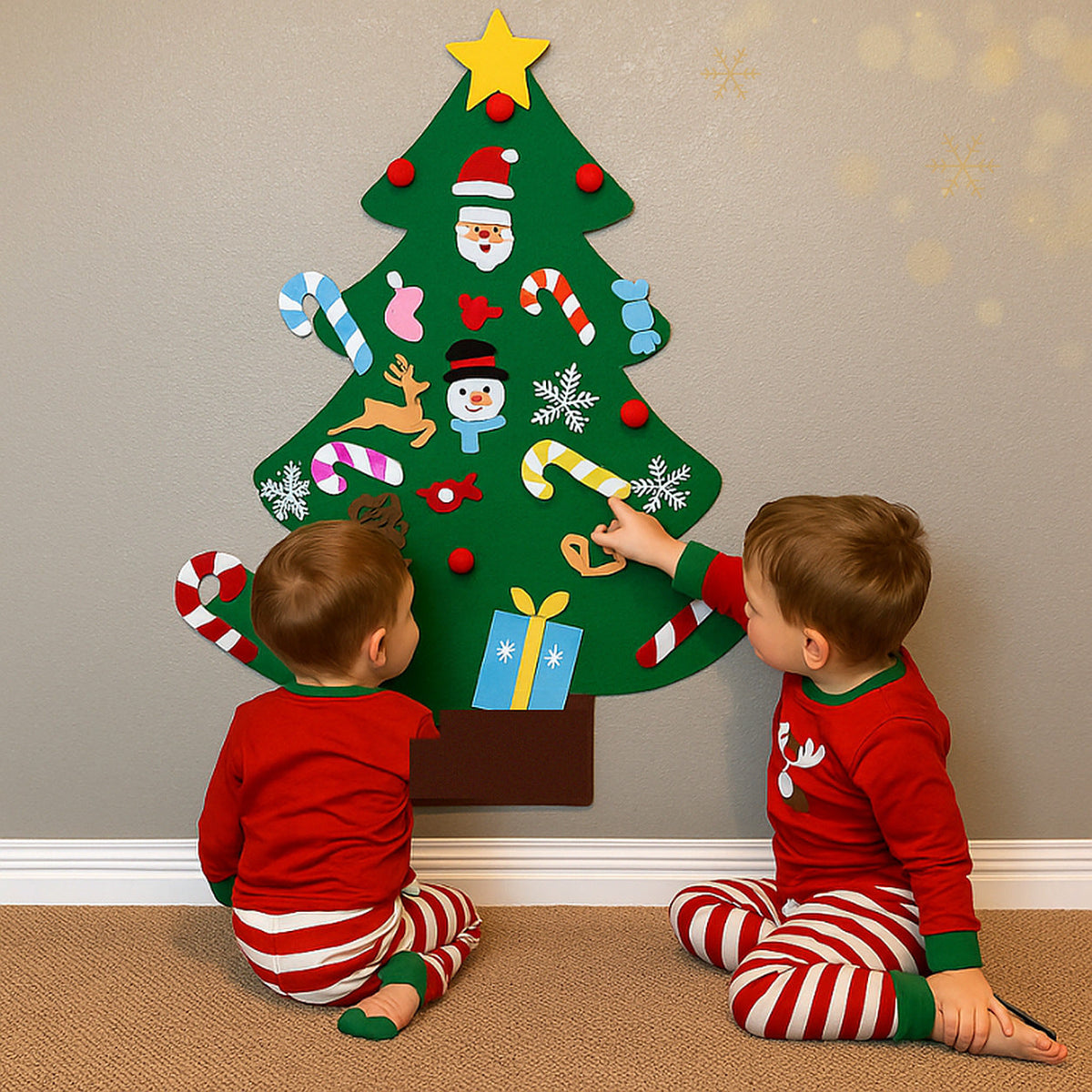 Sapin de Noël en feutrine pour enfant 95 cm avec guirlande lumineuse et 26 ornements à scratch