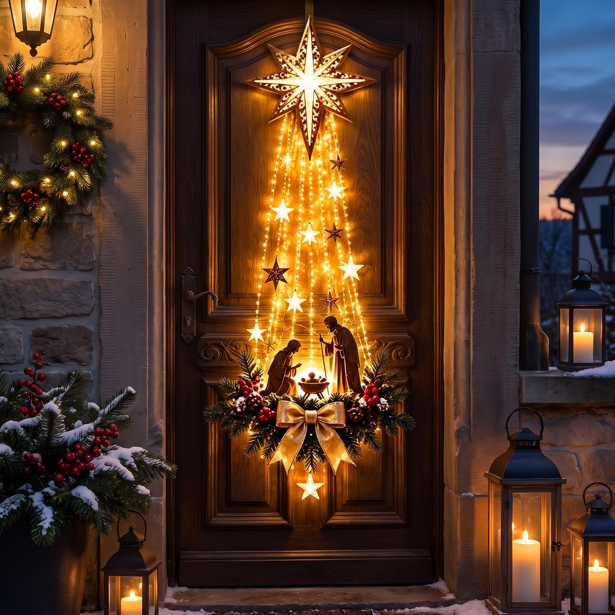 Suspension de porte lumineuse étoile de Noël 100 cm avec crèche et guirlande LED