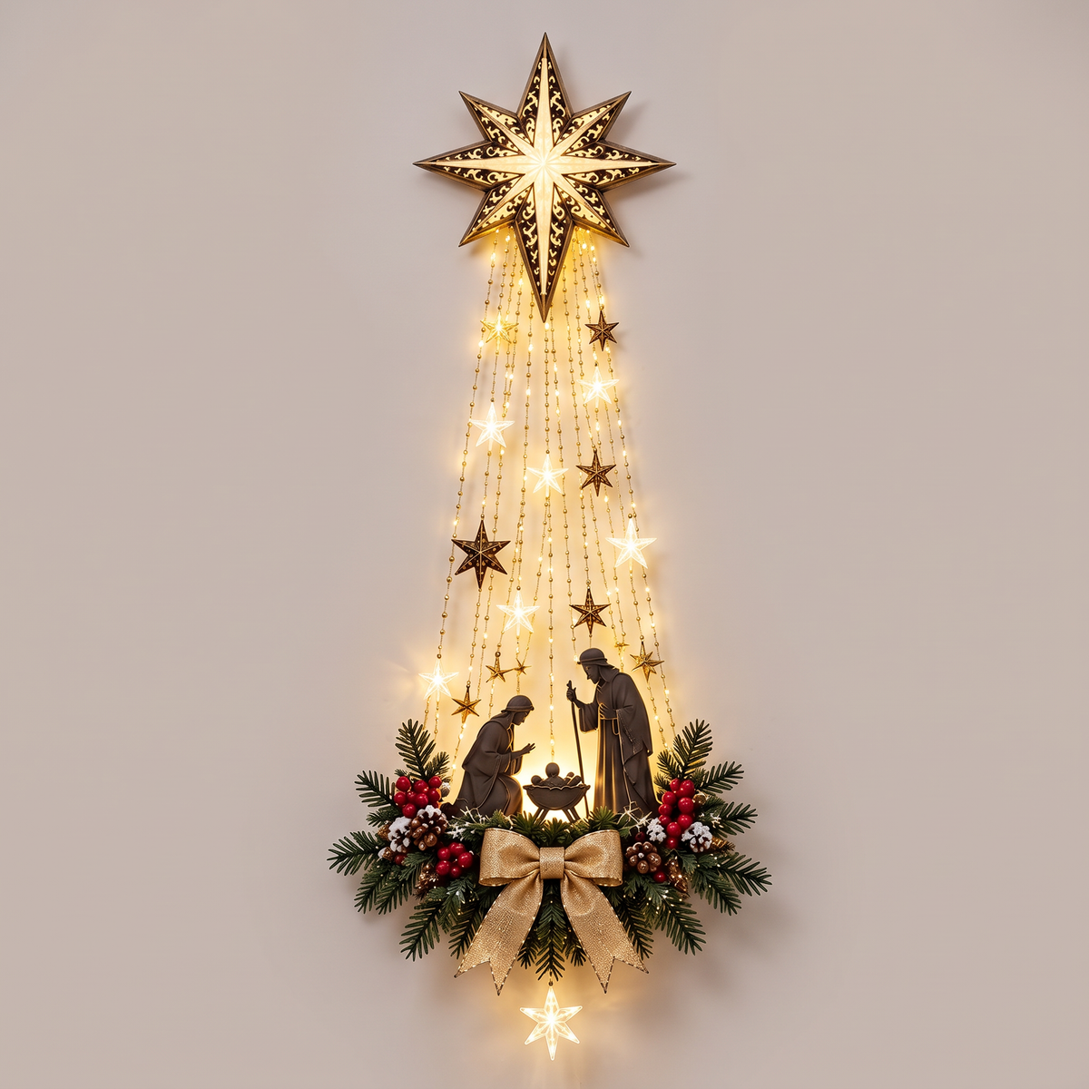 Suspension de porte lumineuse étoile de Noël 100 cm avec crèche et guirlande LED