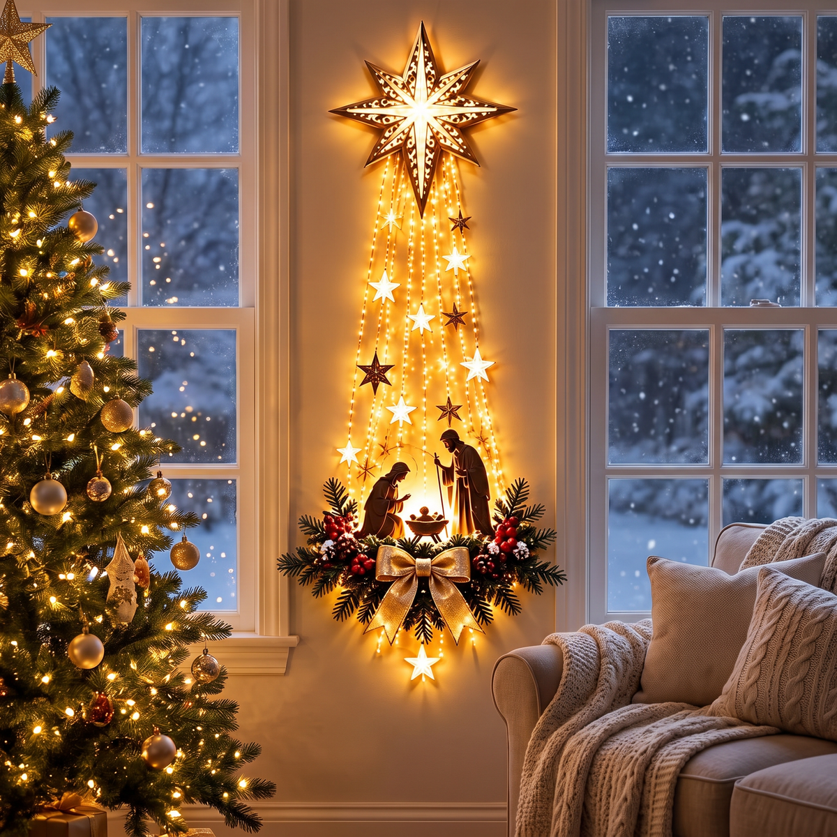 Suspension de porte lumineuse étoile de Noël 100 cm avec crèche et guirlande LED