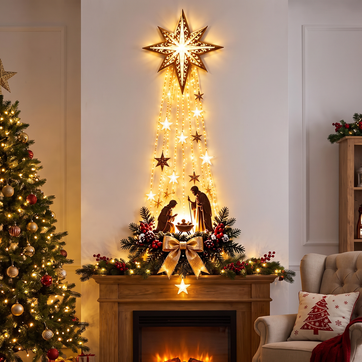 Suspension de porte lumineuse étoile de Noël 100 cm avec crèche et guirlande LED
