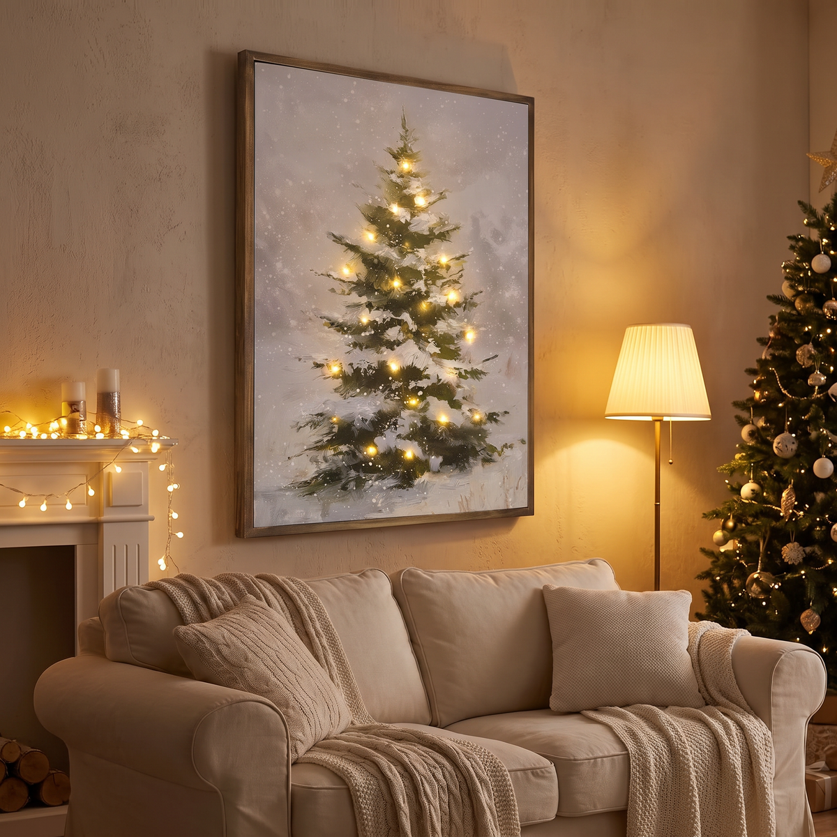 Tableau lumineux LED sur toile, sapin enneigé 45 × 60 cm avec cadre en bois et minuterie